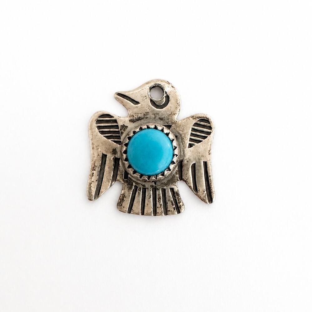 Vintage Navajo Thunderbird Sterling Silver Turquoise Charm Pendant Southwestern